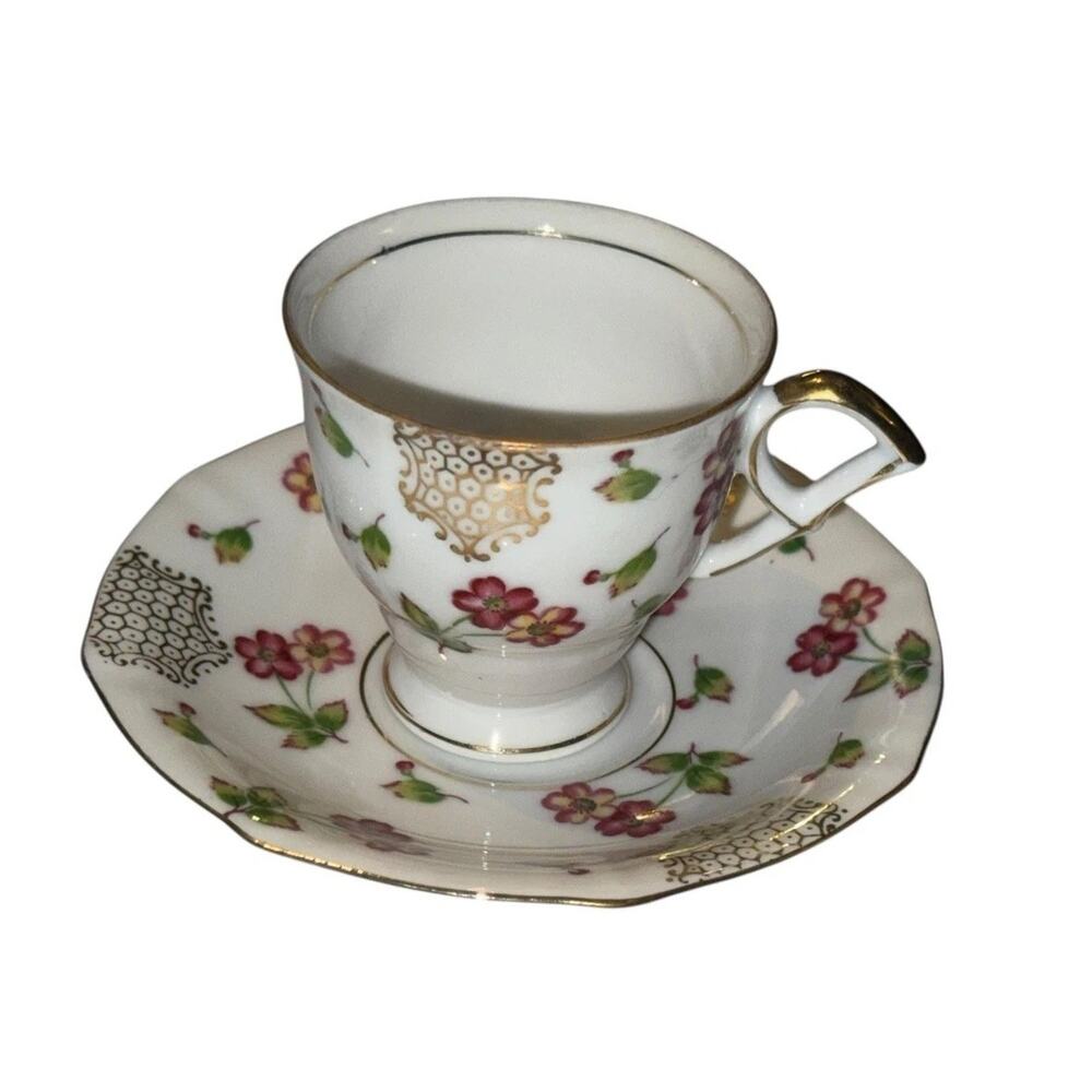 Vintage UCAGCO Demitasse Tea Cup Saucer Floral Gold Lattice‎ Made in Japan